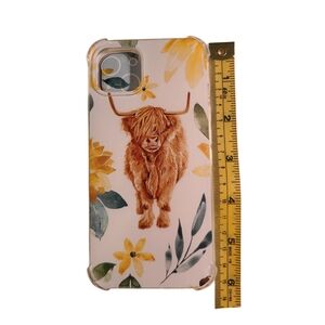 iPhone 13 Case In White Featuring A Highland Cow With Yellow Flowers